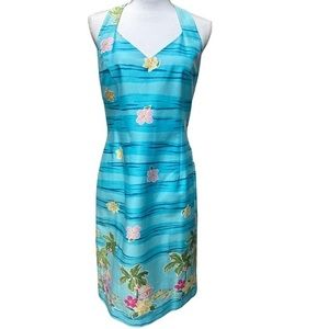 Positive Attitude Beach Babe Turquoise Tropical Hawaiian Halter Dress Sz 12 NWT‎